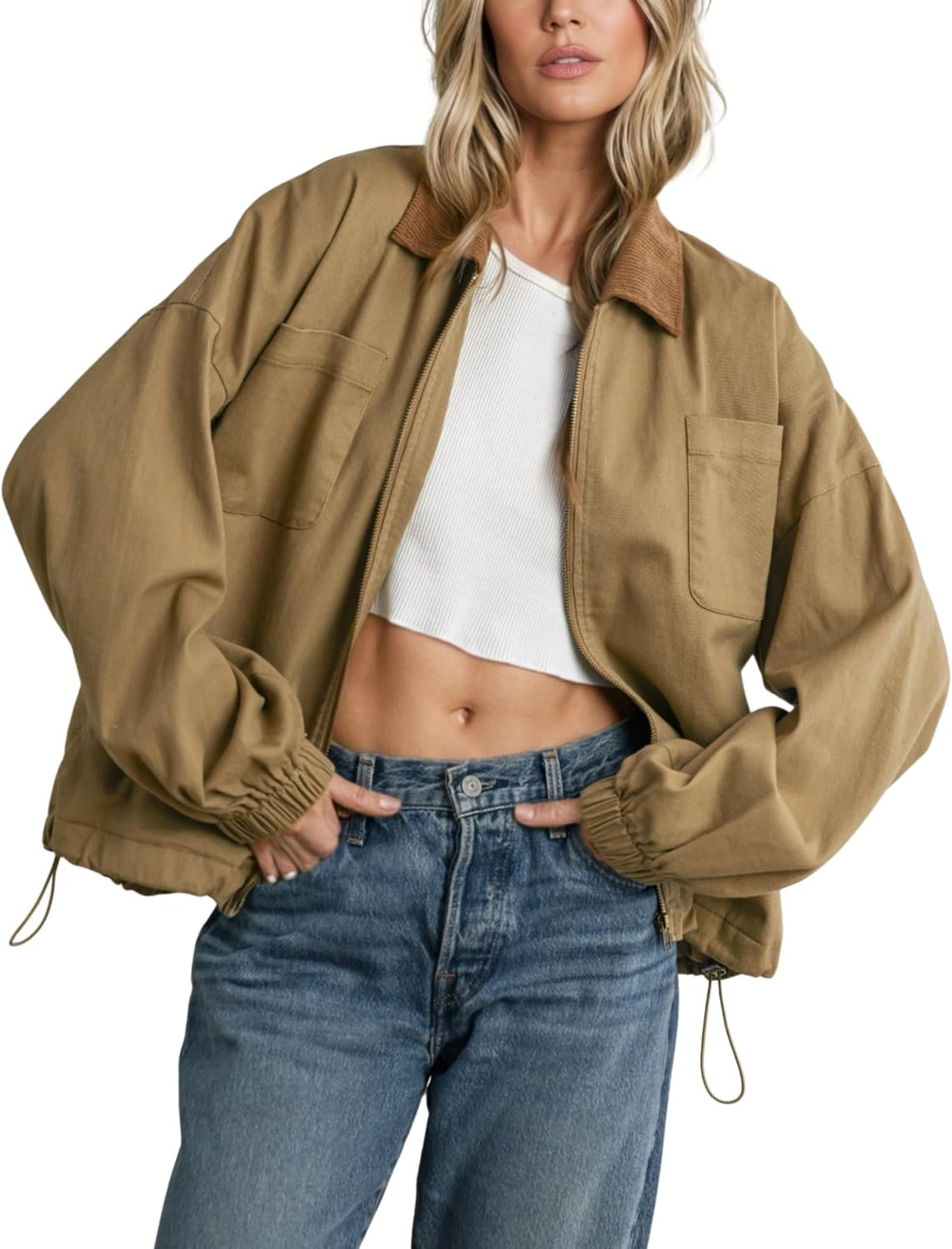 Women’s Barn Jacket Corduroy Collar Zipper Utility Jacket Cinchable Hem Workwear Jacket with Pockets | Amazon (US)