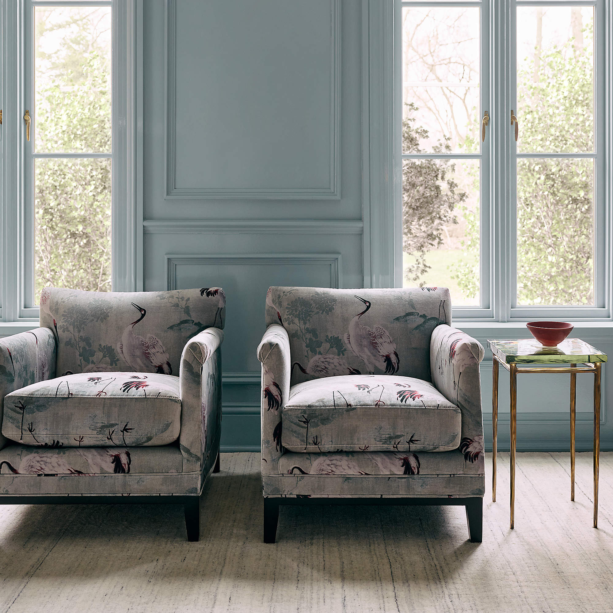 Olson Crane Print Performance Velvet Accent Chair + Reviews | CB2 | CB2