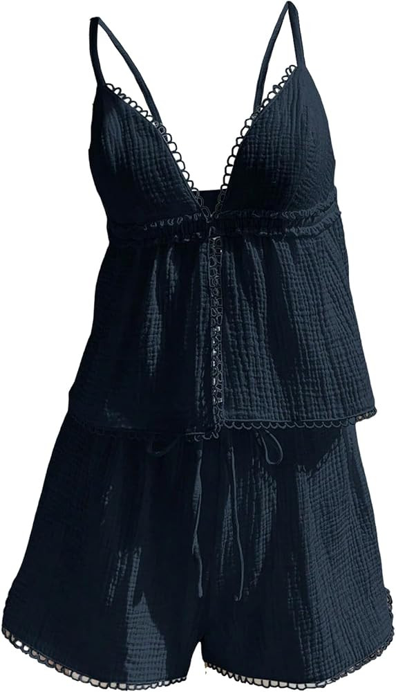 Women's 2 Piece Cute Summer Outfits Peplum Deep V Neck Crop Cami Top and Shorts Set Beach Vacatio... | Amazon (US)