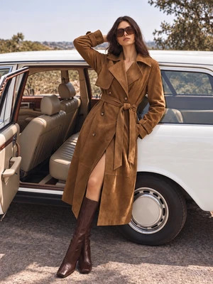 Belted Faux Suede Double‑Breasted Trench Coat | Commense