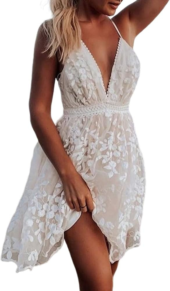 Women's V-Neck Spaghetti Strap Floral Backless Sleeveless Lace Mini Flowy Swing Skater Dress | Amazon (US)