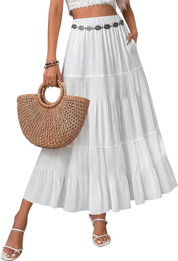 Zeagoo Women's Chiffon Elastic High Waist Pleated Maxi Skirt with Pockets | Amazon (US)