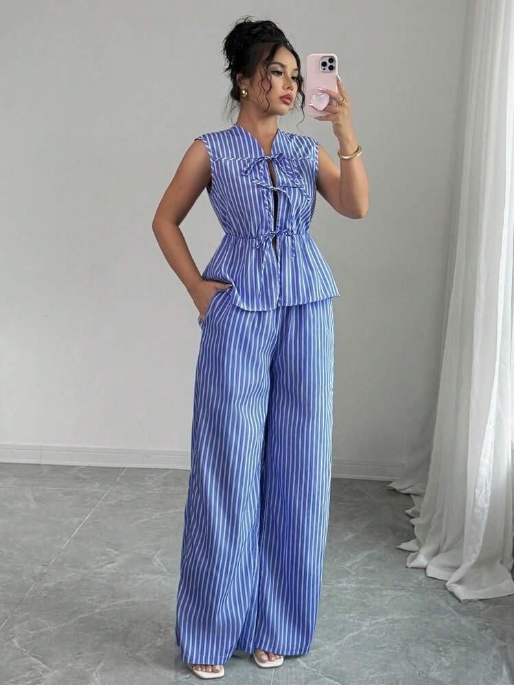 Elenzga Women Spring/Summer Casual Vacation Blue & White Stripe Front Tie Design Sleeveless Shirt + Women Spring/Summer Casual Vacation Blue & White Stripe Elastic Waist Pants, 2pcs Set | SHEIN