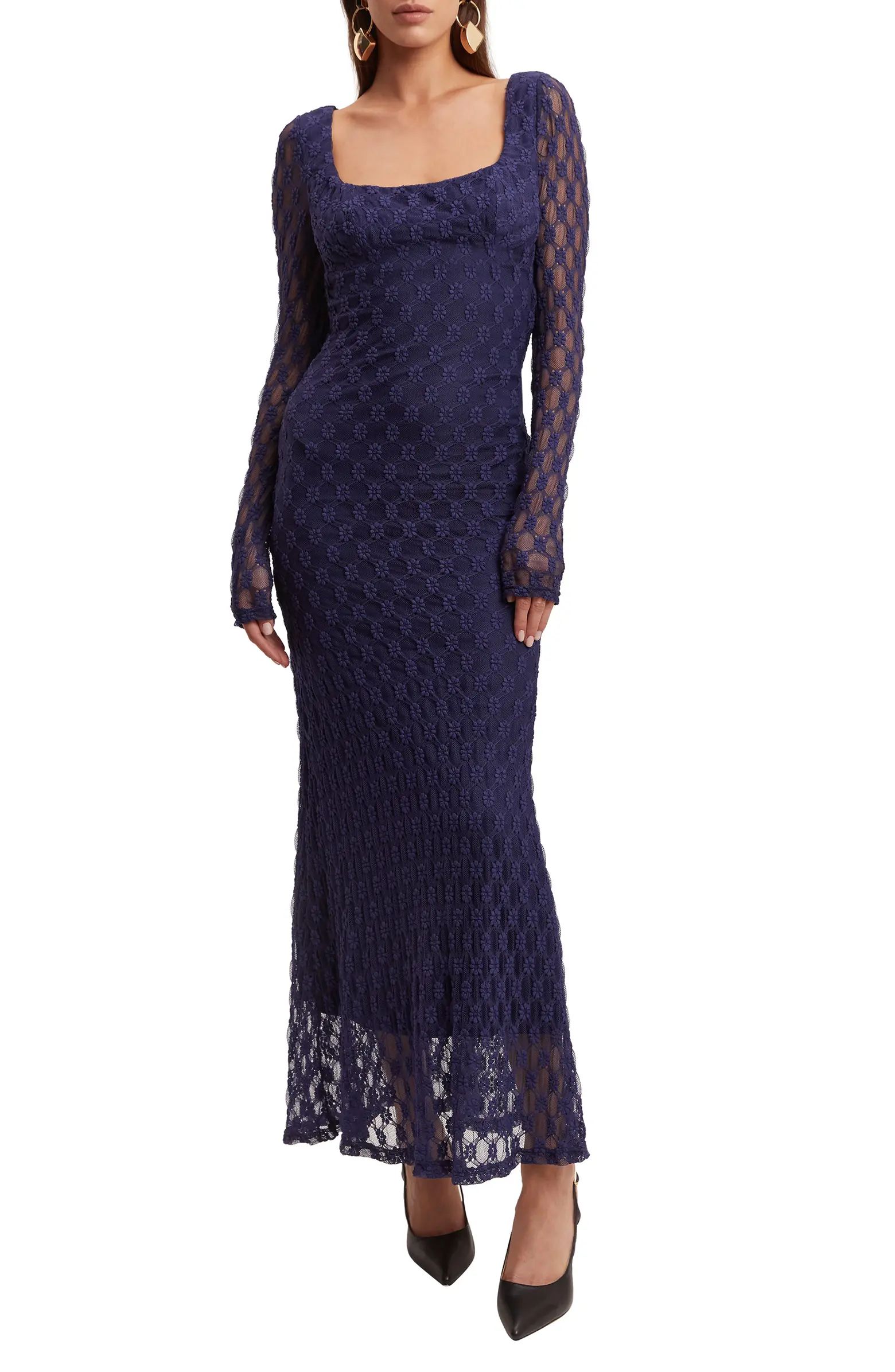 Adoni Long Sleeve Lace Overlay Midi Dress | Nordstrom