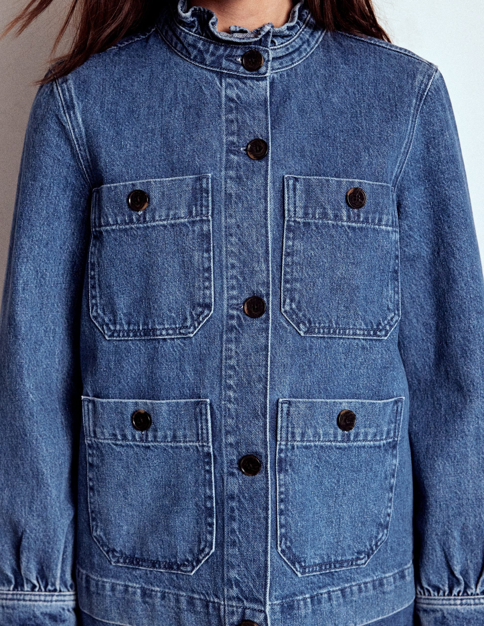 Denim Frill Collar Jacket-Mid Wash | Boden (US)