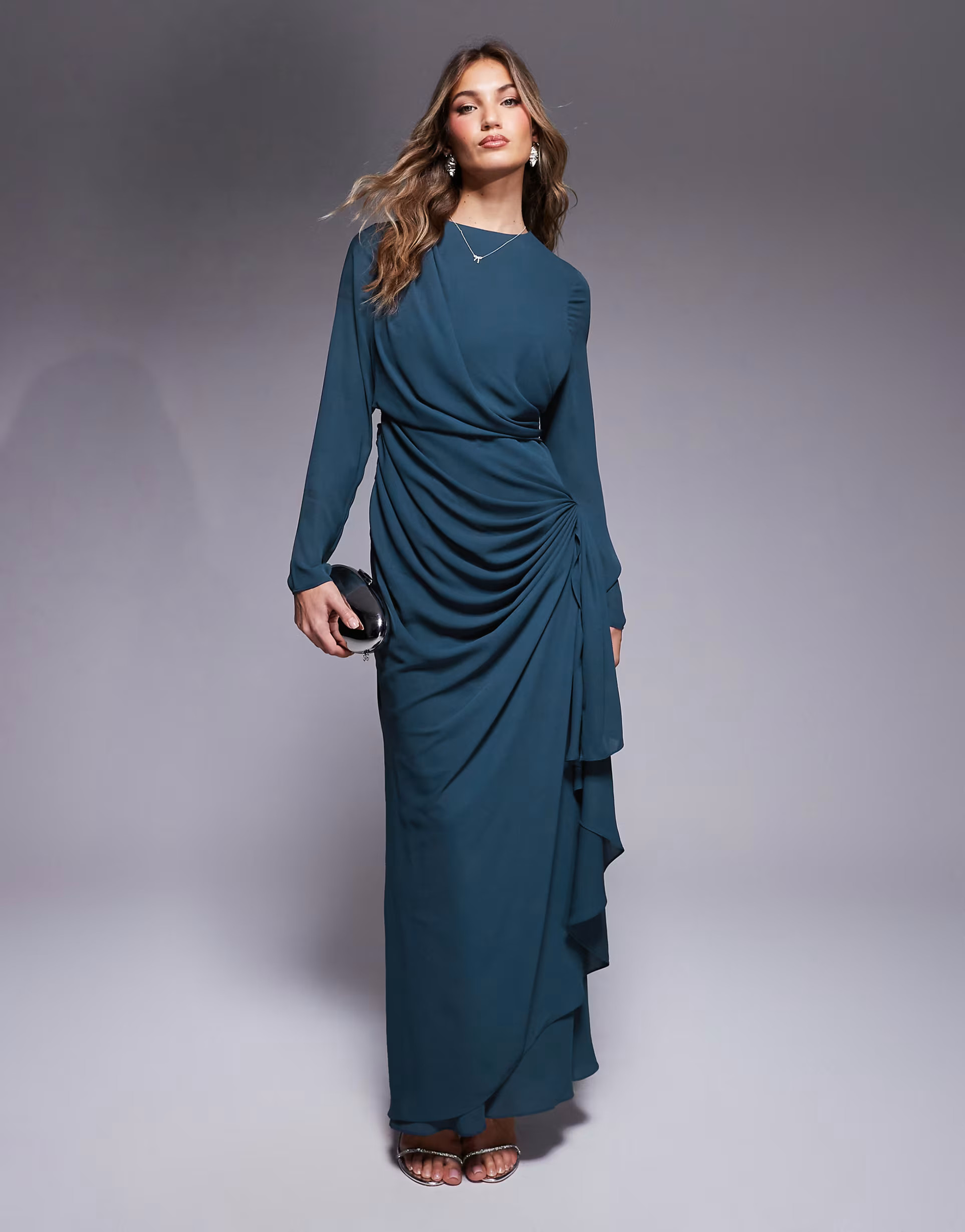 ASOS DESIGN long sleeve maxi dress with draped skirt in teal blue | ASOS (Global)