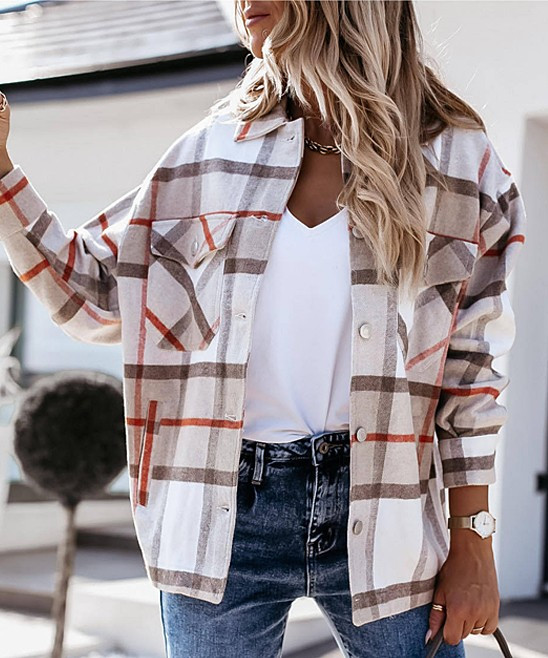Coeur de Vague Women's Blouses Khaki - Khaki Plaid Shacket - Women | Zulily
