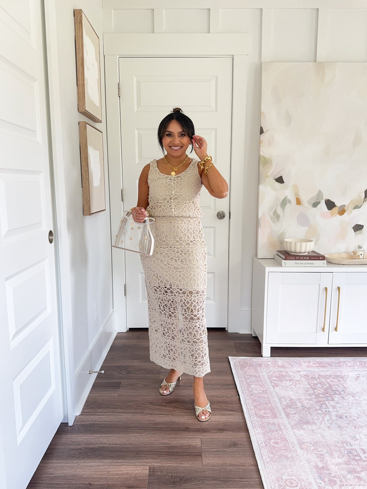 Tan crochet top size xxs petite 
Tan crochet skirt size 0 regular - I like a full length skirt vs the midi length if I had gone with petite sizing.
Gold heels size 5 TTS


#LTKPetite #LTKFindsUnder50 #LTKSaleAlert