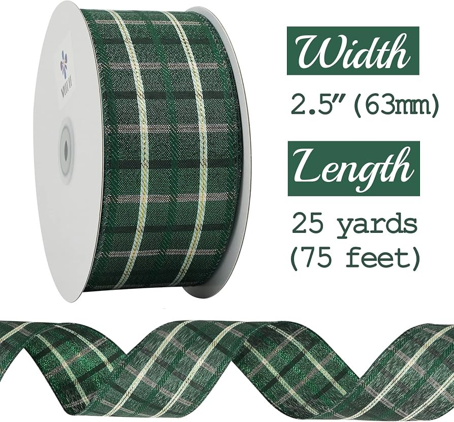 MEEDEE Green Buffalo Plaid Ribbon 2.5 Inch Green Plaid Wired Ribbon Tartan Plaid Ribbon Plaid Chr... | Amazon (US)