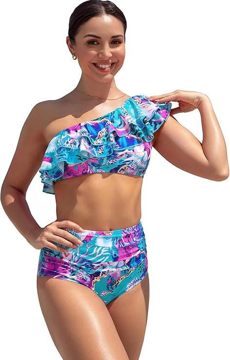 SPORLIKE Women High Waisted Swimsuit Flounce One Shoulder Bikini Padded Bathing Suit | Amazon (US)