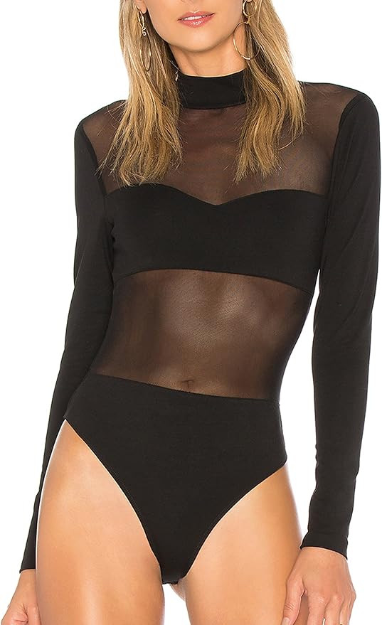 May&Maya Women's Contrast Sheer Mesh Panel Accents Bodysuit (Black Full Mesh, L) | Amazon (US)