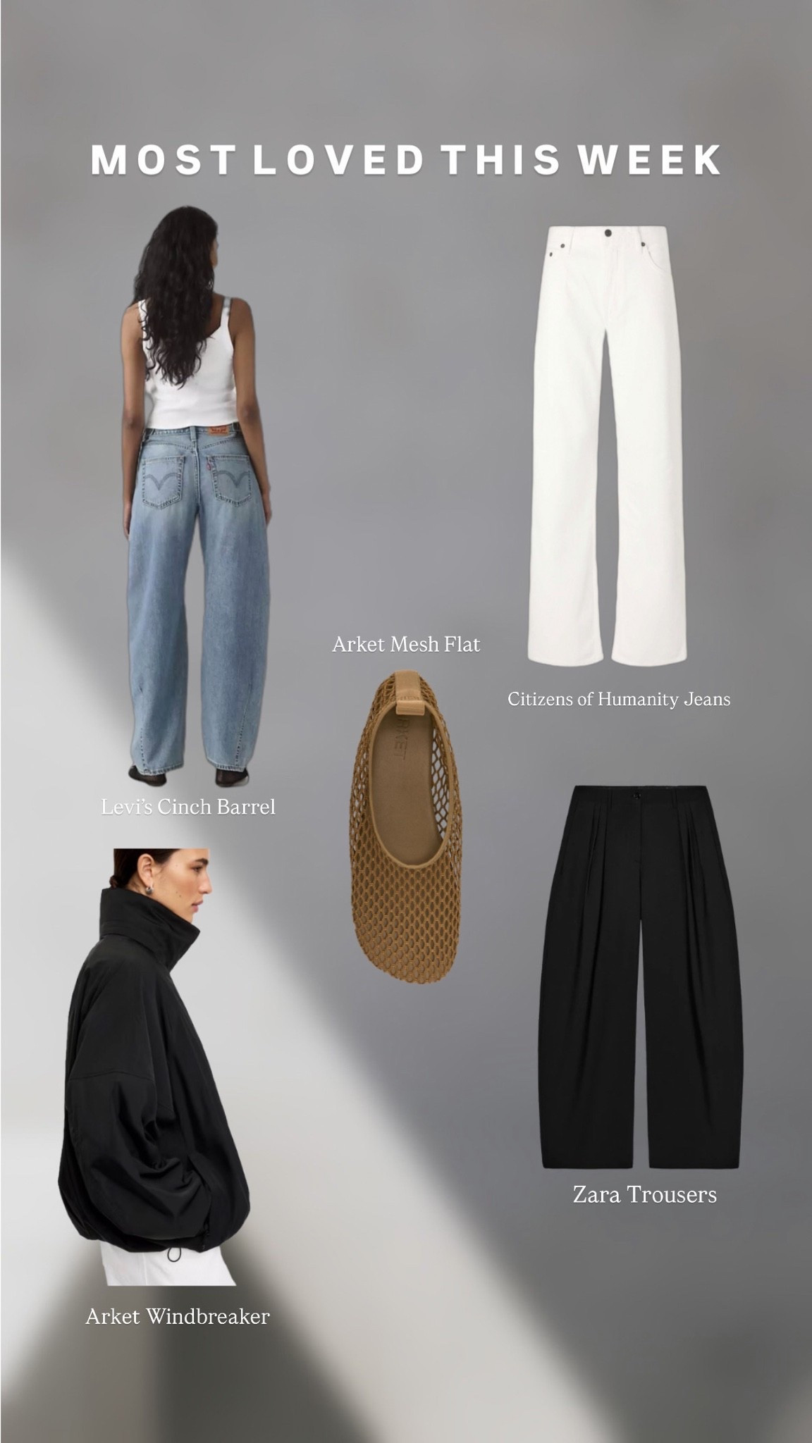 Most loved this week

Levi’s cinch jeans
Arket windbreaker 
Citizens of Humanity Lindz jeans 
Arket Mesh Flats 
Zara barrel leg trousers

#LTKuk #LTKeurope #LTKjeans
