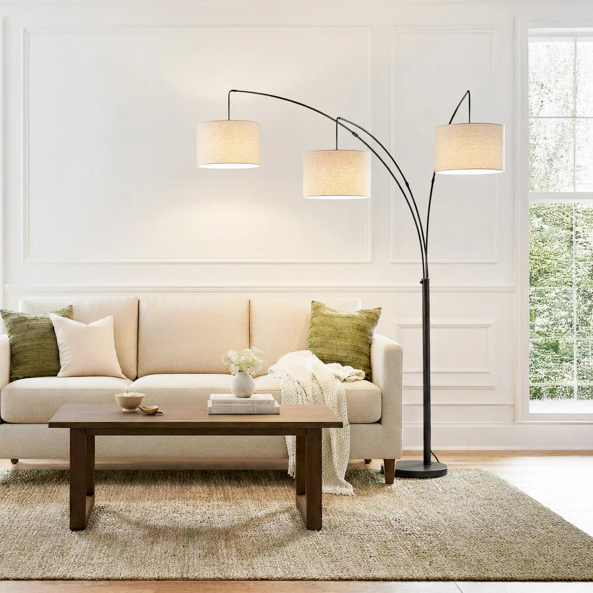 Trilage 84" Modern LED Floor Lamp with 3 Adjustable Arms, Tan Fabric Drum Shade, Black Marble Bas... | Wayfair North America