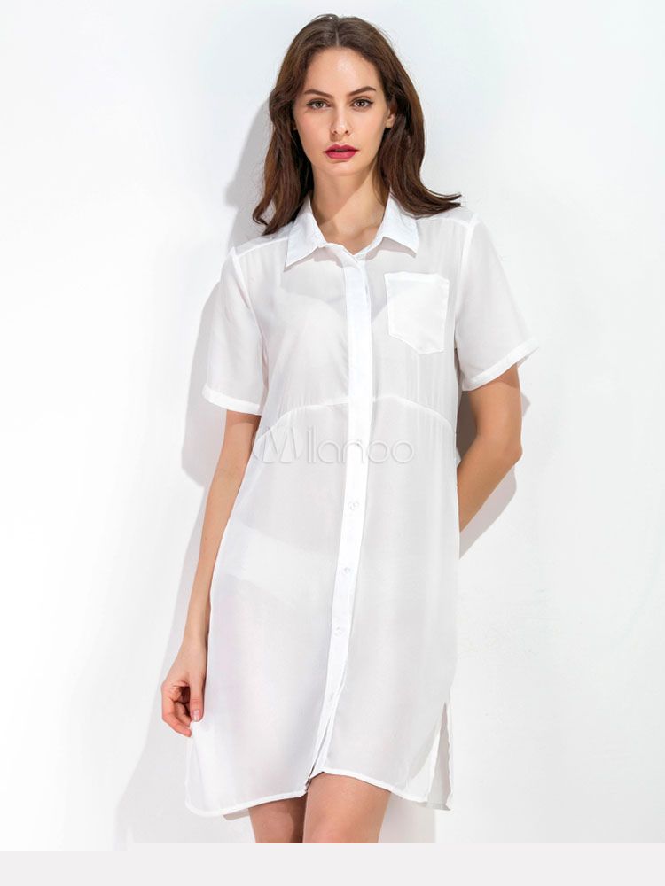 White Shirt Dress Short Sleeve Chiffon Women's Summer Dresses | Milanoo