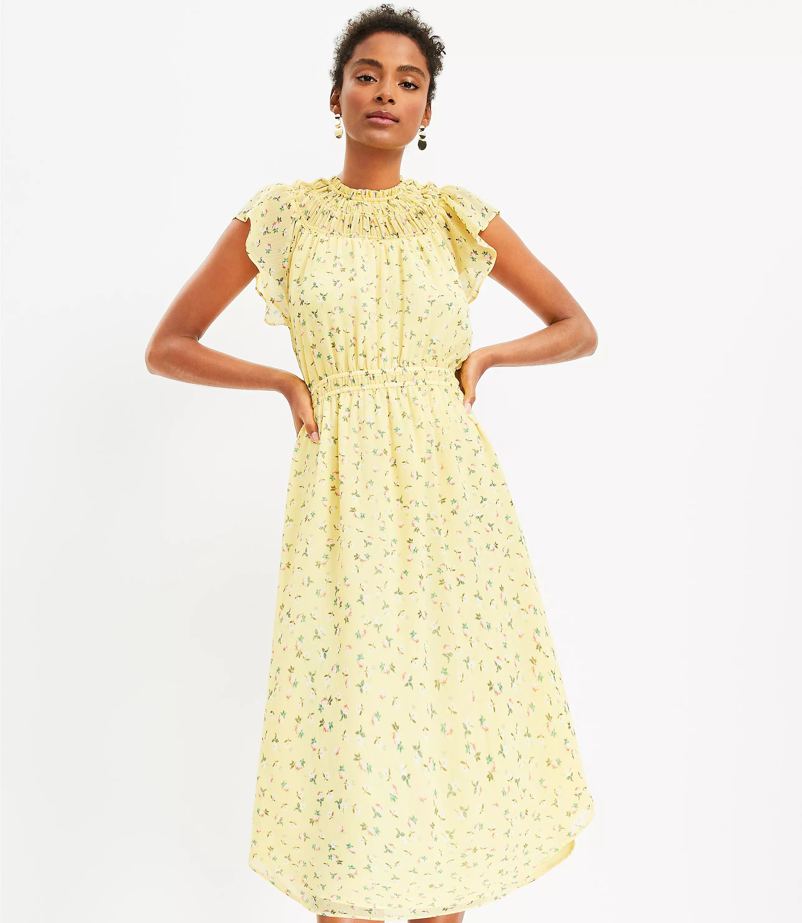 Floral Smocked Ruffle Midi Dress | LOFT