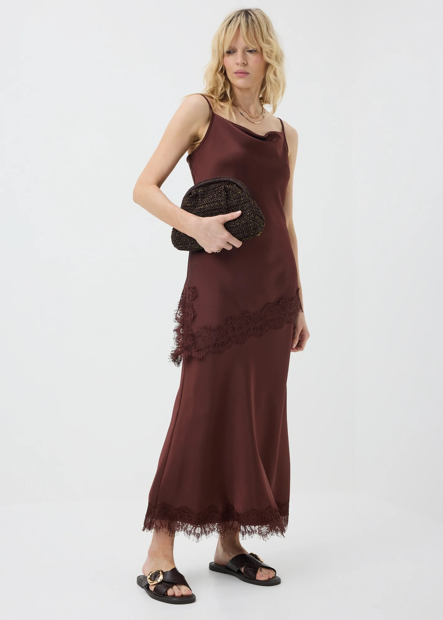 Chocolate Brown Satin Lace Trim Maxi Co Ord Skirt | Matalan (UK)