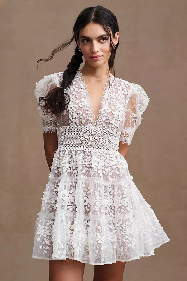 Bronx and Banco Megan Short-Sleeve Lace V-Neck Tiered Mini Dress By Bronx and Banco in White Size M | Anthropologie (US)