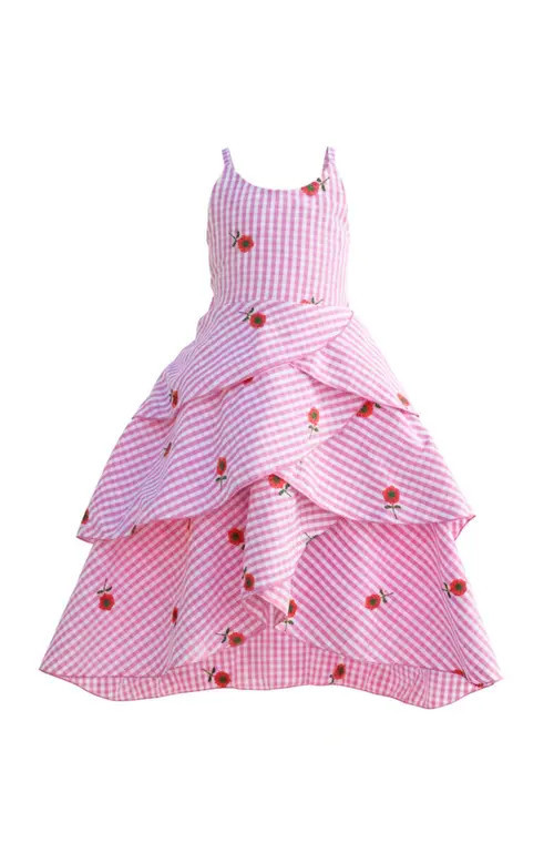 Mia Belle Girls Girls Seaside Bloom Gingham Embroidered Floral Ruffle Dress in Pink at Nordstrom, Size 2-3T | Nordstrom