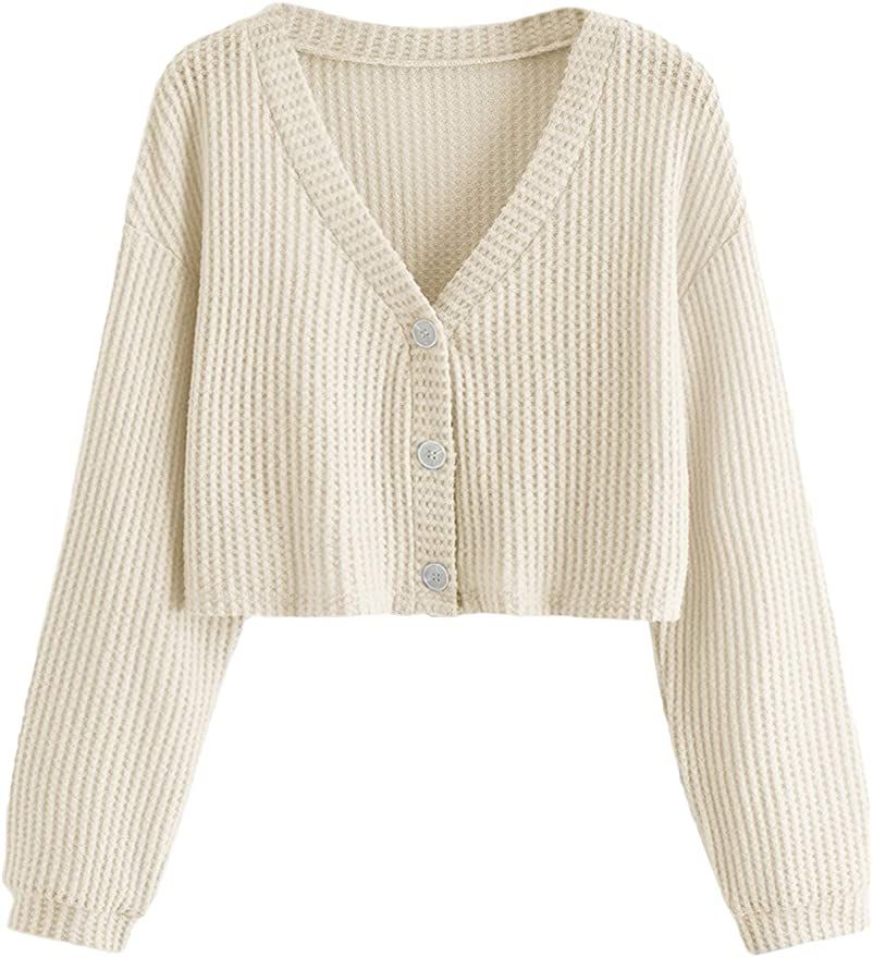 SweatyRocks Women's Long Sleeve Plaid Button Front V Neck Soft Knit Cardigan Sweaters Beige L at ... | Amazon (US)