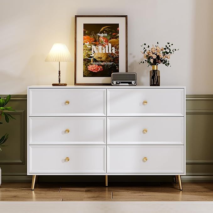 White 6 Drawer Dresser for Bedroom, Large Double Dresser with Wide Drawers, Modern Chest of Drawe... | Amazon (US)