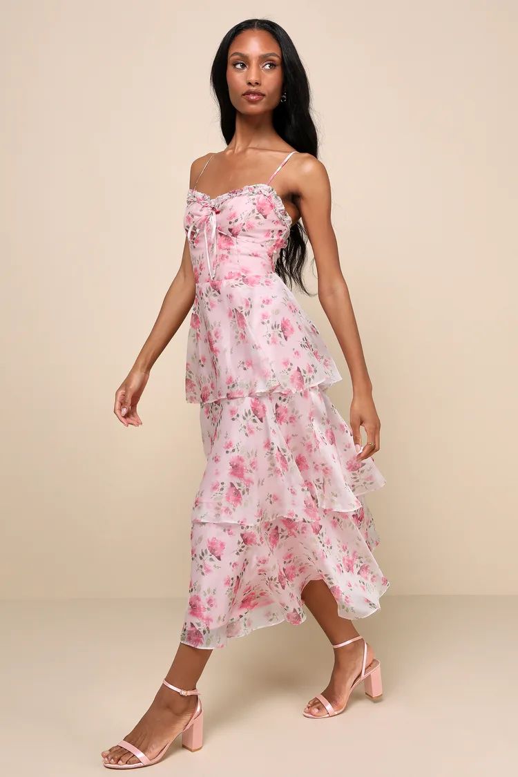 Immaculate Cutie Light Pink Floral Sleeveless Tiered Midi Dress | Lulus