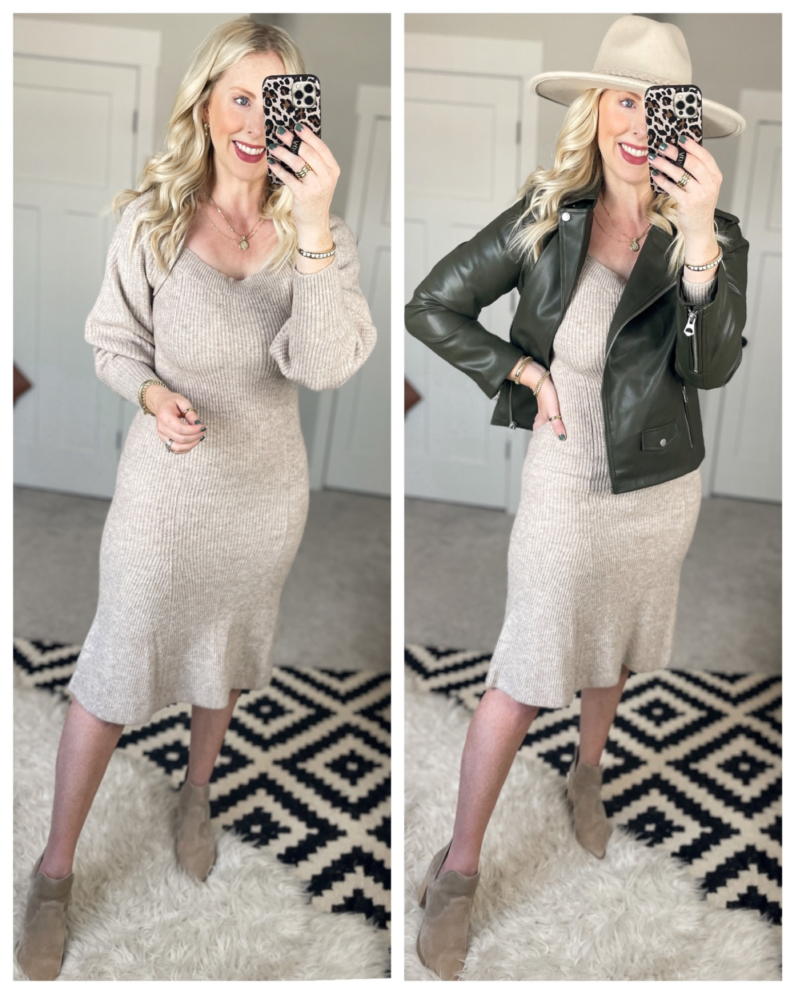Weekend Walmart wins try on 
Sweater dress- medium 
Faux leather moto jacket- medium 

#LTKSeasonal #LTKstyletip #LTKunder50