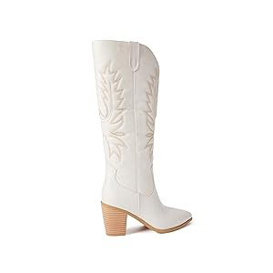 JustFab Cowboy Boots for Women Knee High Wide Calf Cowgirl Boots Embroidered Chunky Heels Pointed... | Amazon (US)