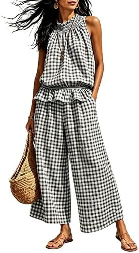 Tanming Women's 2 Piece Set Outfits Gingham Plaid Sleeveless Ruffle Top Wide Leg Pants Summer Cas... | Amazon (US)