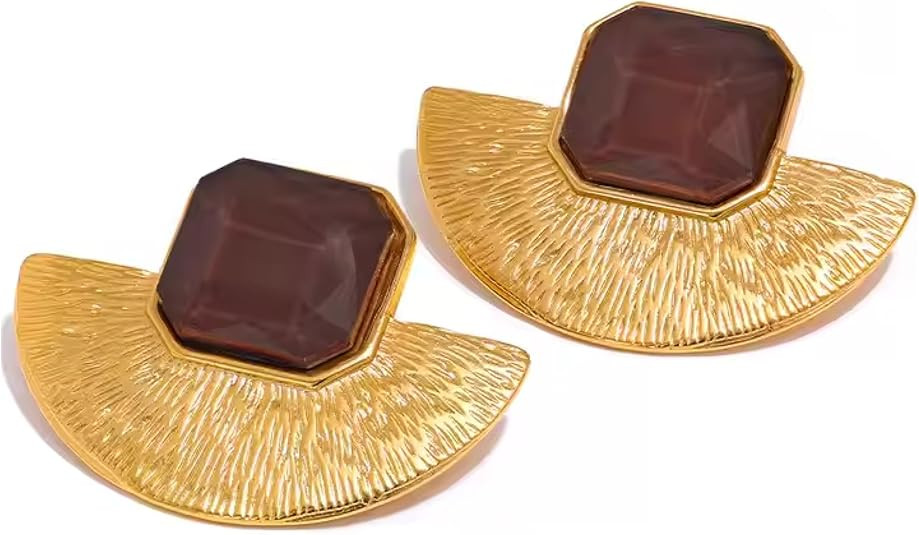 Chunky Gold Vintage Statement Earrings with Brown Stones – Bold Retro Fashion Jewelry for Women | Amazon (US)