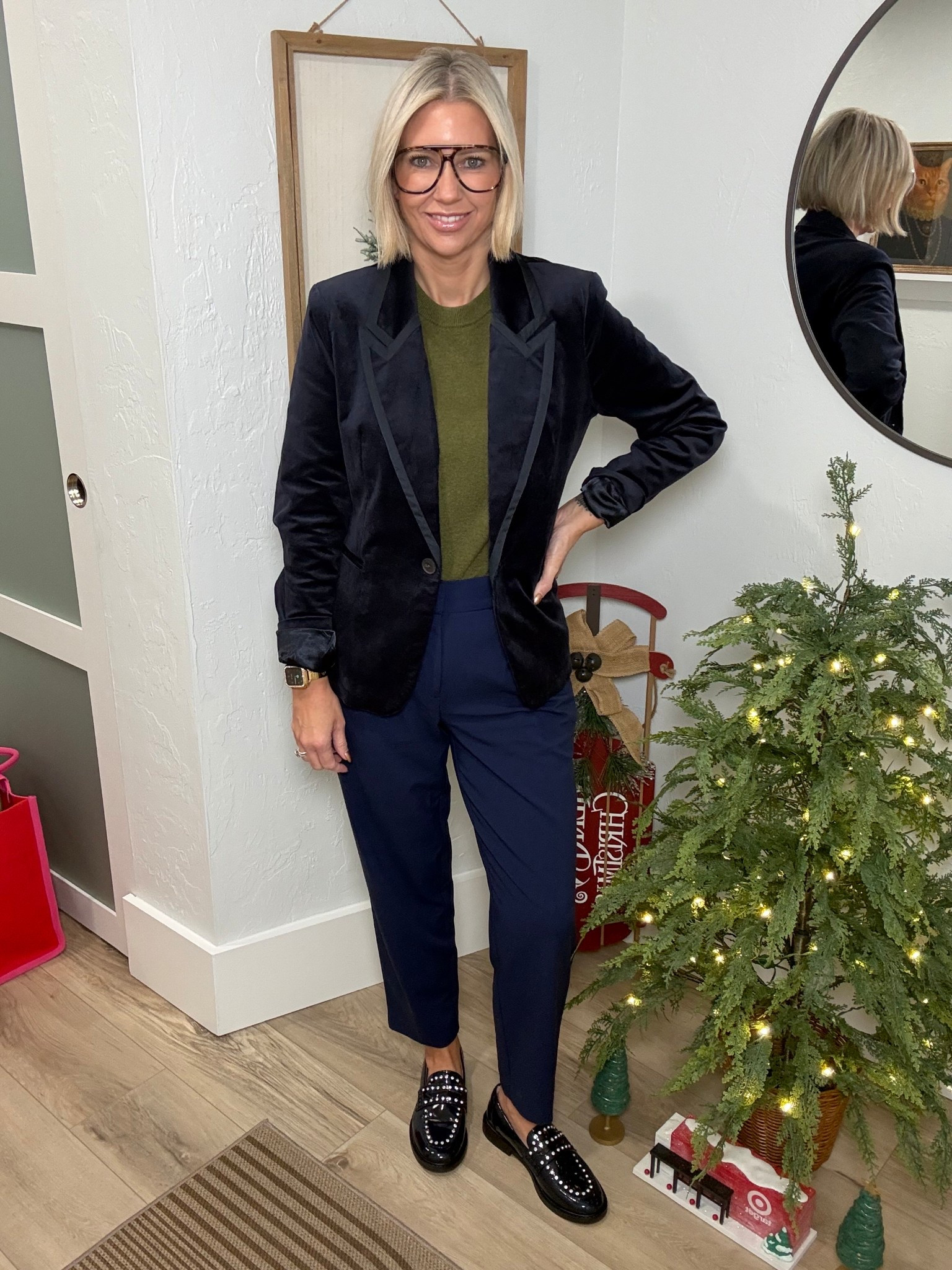 I’m absolutely loving the jewel tones for Fall. 

This Velvet Blazer’s from is from Free Assembly found at Walmart. I’m wearing a medium. This is such a classy piece that could be edgy at the same time. Also available in black. 

My pants and sweater are both from Target. I’m wearing a 6 in the pants and they fit tts. I’m also wearing a medium in the sweater. 

My loafers are from Walmart as well. 

Fall outfit, fall fashion, workwear, 

#LTKOver40 #LTKWorkwear #LTKootd