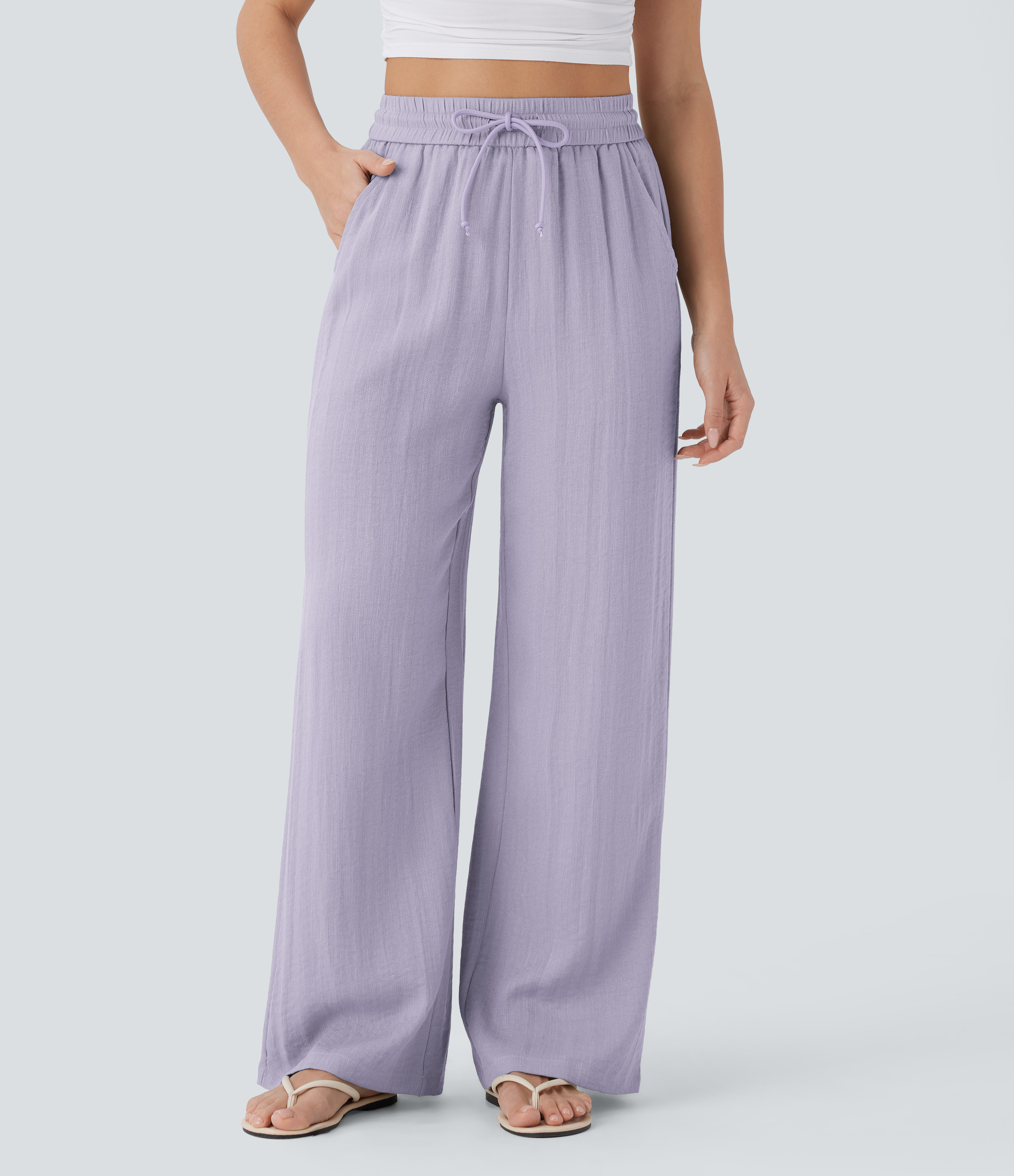 Halara High Waisted Drawstring Pocket Wide Leg Casual Linen-Feel Pants - Queen's Wreath - XS(regular) sweatpants jogger pants | HALARA