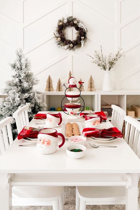 Mommy and me hot cocoa set up! Snowflake napkin ring, dinnerware set, small, medium and large cut paper tree home decor, Santa claus mug, serving platter tray, snowman 2-tier server, napkin set, pinecone berry wreath 

#LTKkids #LTKHoliday #LTKparties