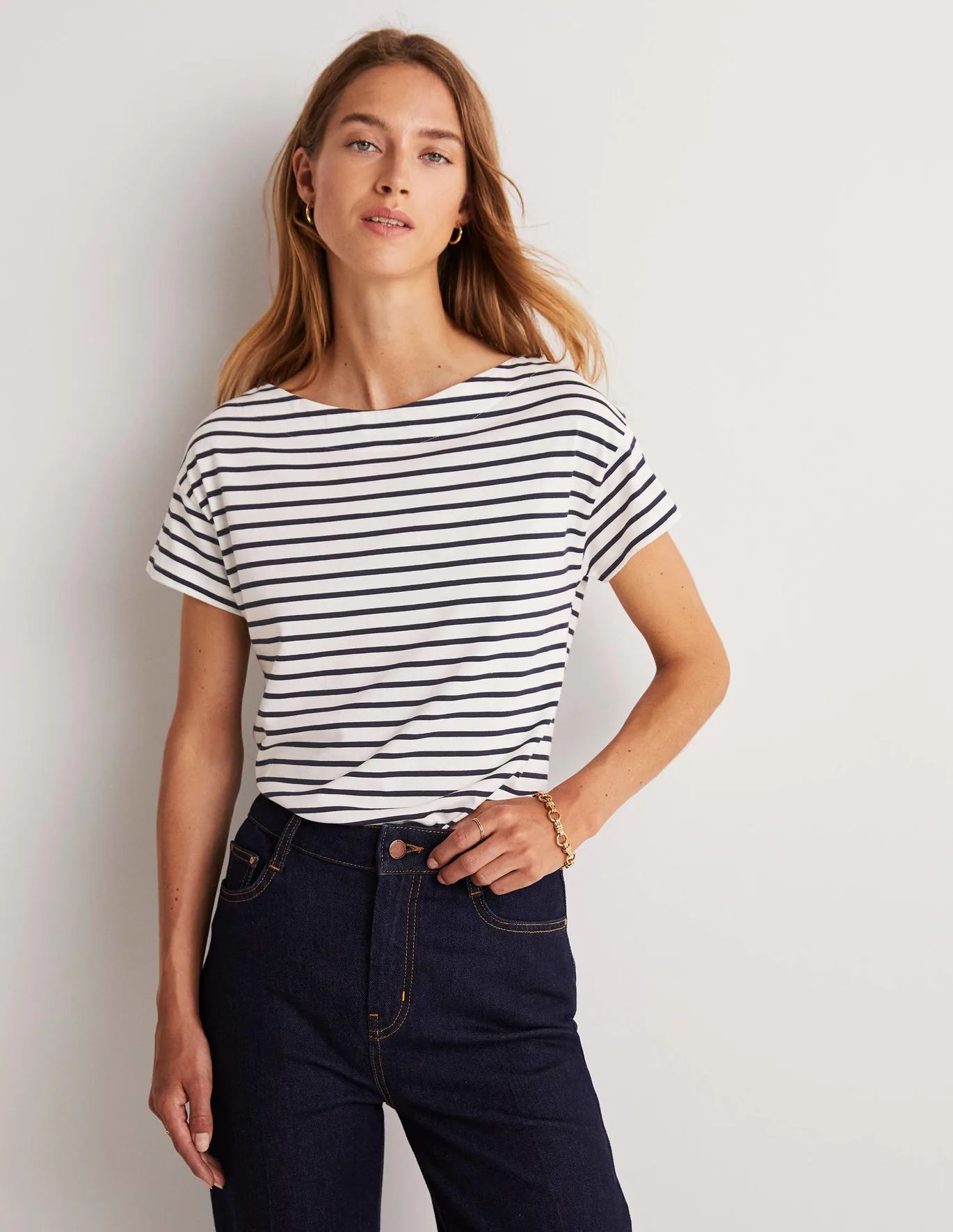 Supersoft Boat Neck T-Shirt - Ivory / Navy Stripe | Boden (US)