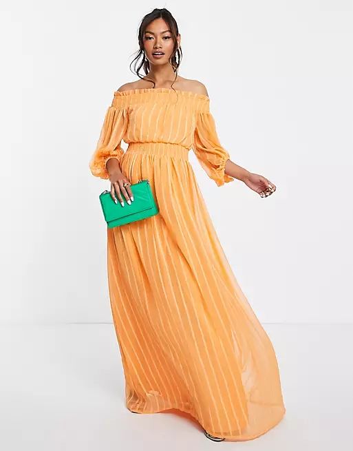 ASOS DESIGN Off shoulder maxi dress with blouson sleeve in self stripe | ASOS | ASOS (Global)