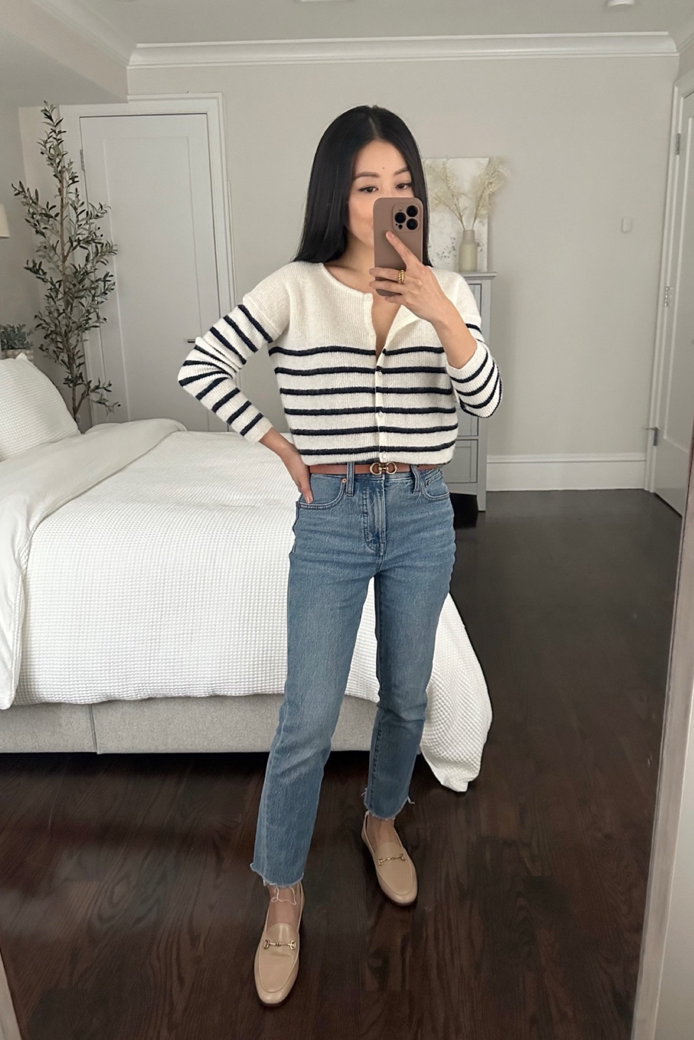 favorite Sezane striped sweaters :/ spring business casual
•Sezane Gaspard cardigan xxs - can also be worn backwards with the buttons down your back. This is a wool blend so if you’re sensitive you may need an undershirt , or just stick to their cotton sweaters like the Leontine and Trudy
•Madewell jeans 24P (sold out wash; similar linked) 
•Sam Edelman loafers 5.5 
•Edited Pieces mini belt xxs (EditedPieces.com) 

#petite

#LTKworkwear #LTKstyletip