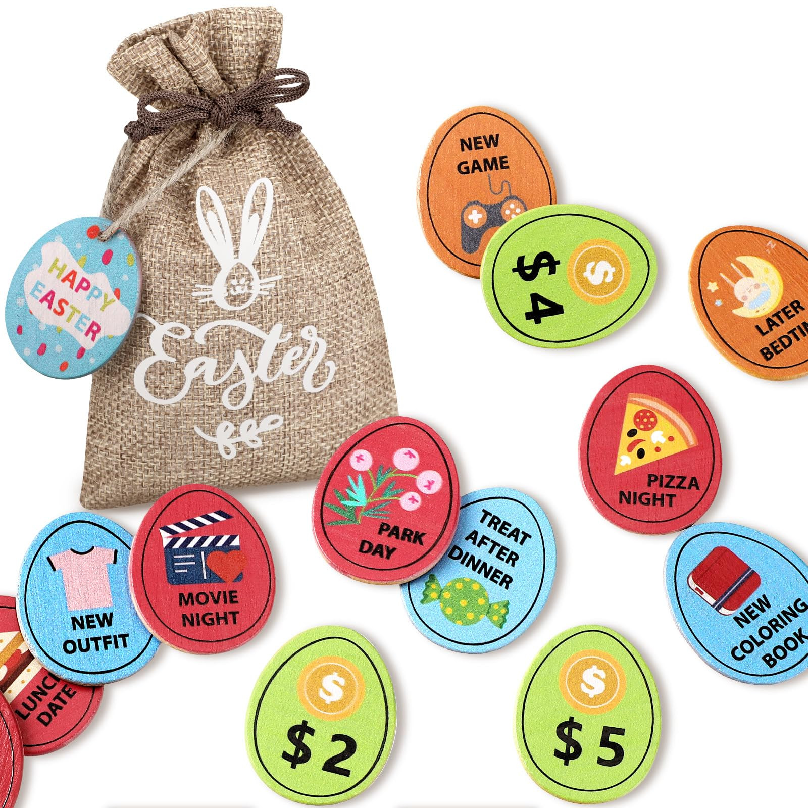 20 Pcs Easter Reward Tokens with Gift Bags Wood Behavior Incentives Coin with Bunny Burlap Bags B... | Amazon (US)