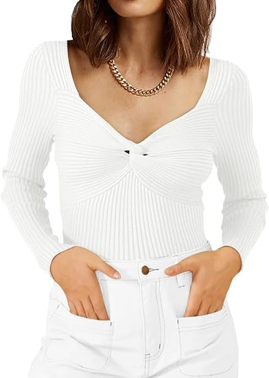 LILLUSORY Women's 2023 Fall Sexy Twist Knot Top Ribbed Knit T Shirts Tops Cute Sweater Long Sleev... | Amazon (US)