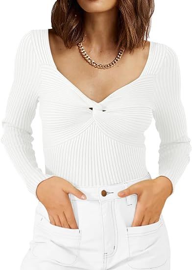 LILLUSORY Women's 2023 Fall Sexy Twist Knot Top Ribbed Knit T Shirts Tops Cute Sweater Long Sleev... | Amazon (US)