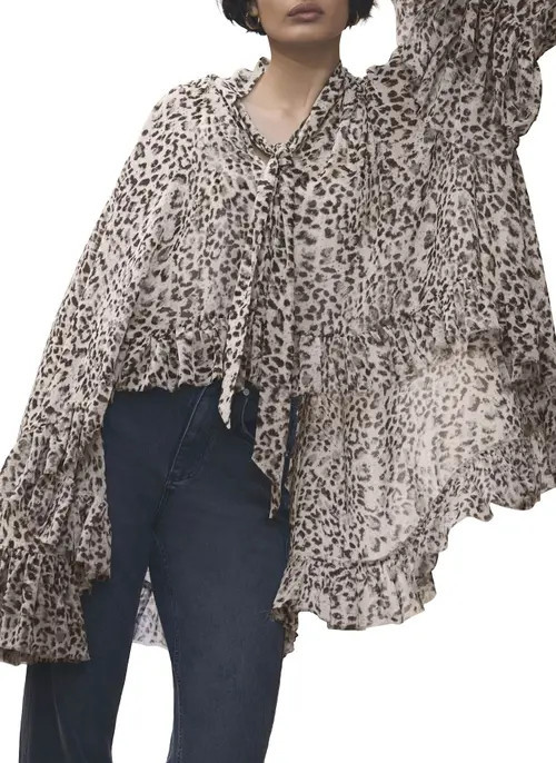 MINT VELVET Leopard Print Ruffle Blouse in Camel at Nordstrom, Size Medium | Nordstrom