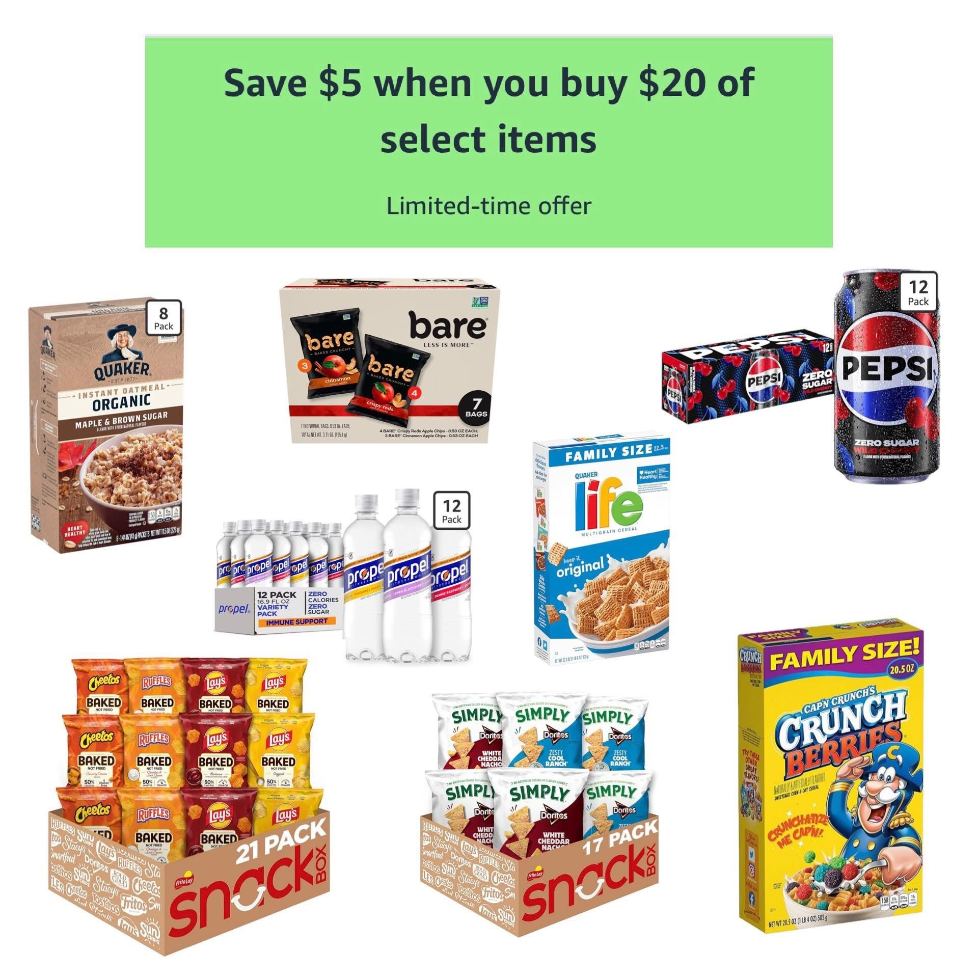 It’s BACK! Fantastic Amazon Flash Deal on grocery items! Instant $5 off $20 purchase that includes tons of products from brands like Frito Lay, Quaker, Pepsi, etc. Absolutely worth browsing! 

#LTKSaleAlert #LTKKids #LTKHome