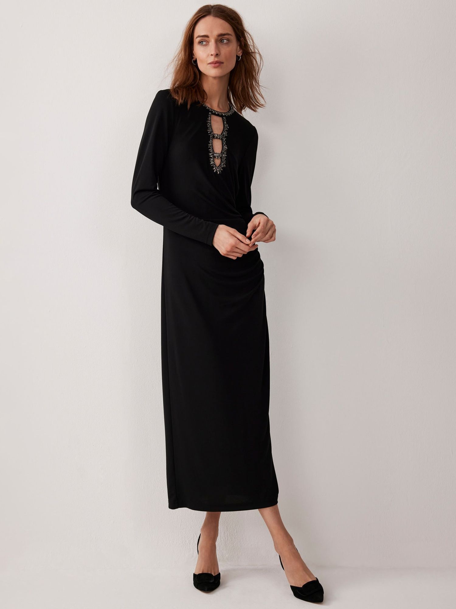 Mint Velvet Cut Out Embellished Midi Dress, Black | John Lewis (UK)
