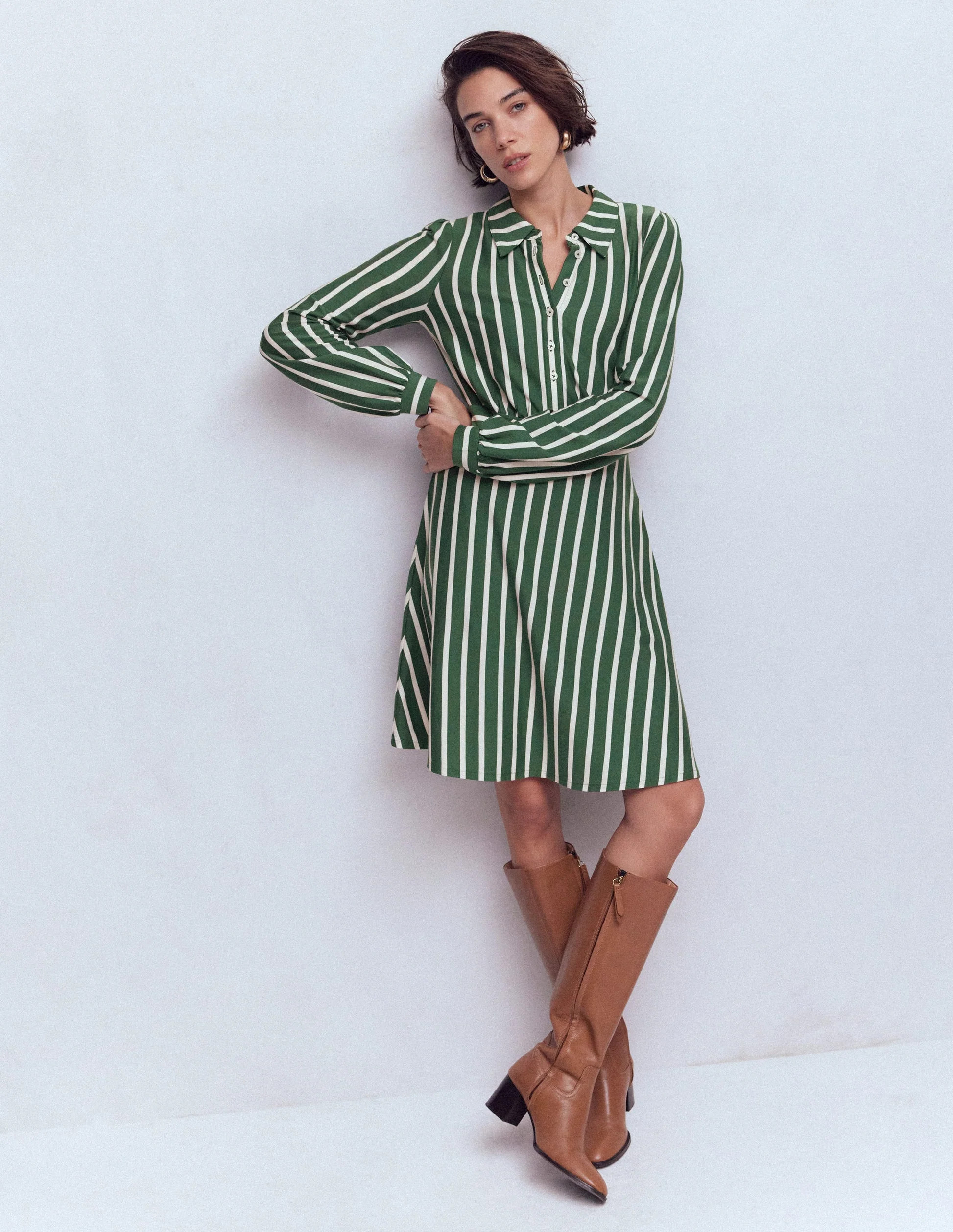 Orla Short Jersey Shirt Dress-Hunter Green and Ivory Stripe | Boden (US)