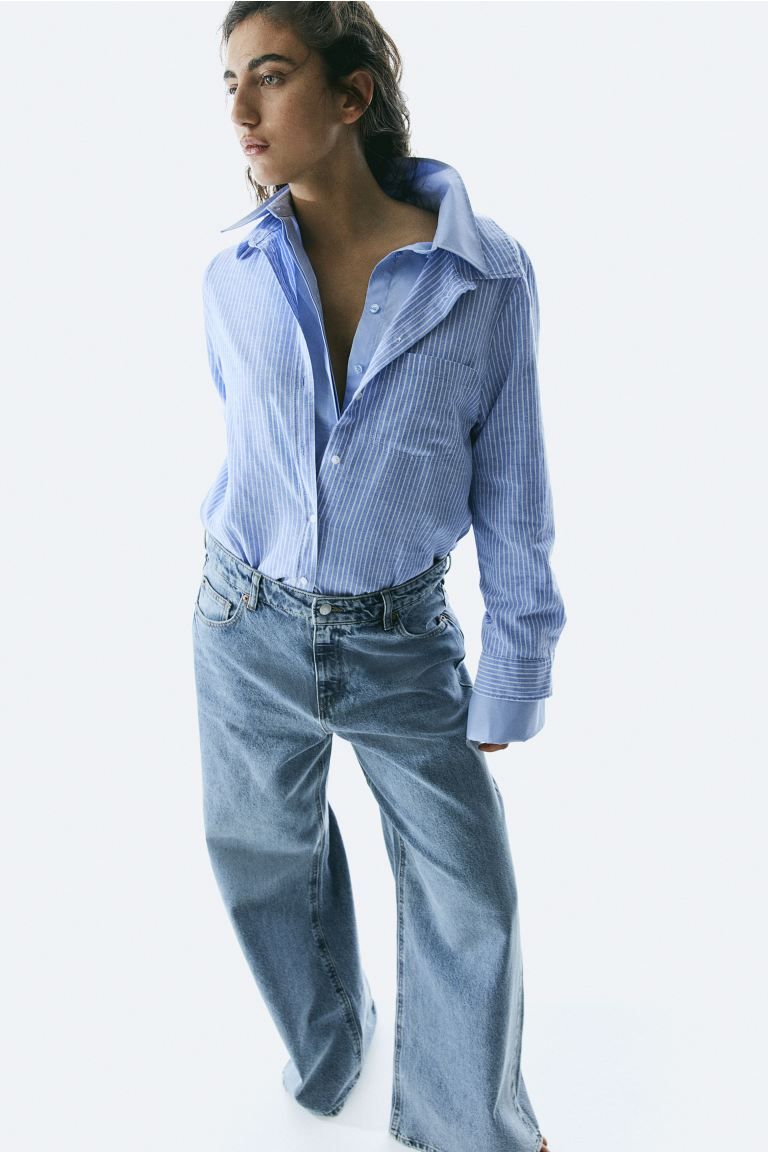 Linen-blend Shirt - Long sleeve - Regular length - Blue/white striped - Ladies | H&M US | H&M (US + CA)