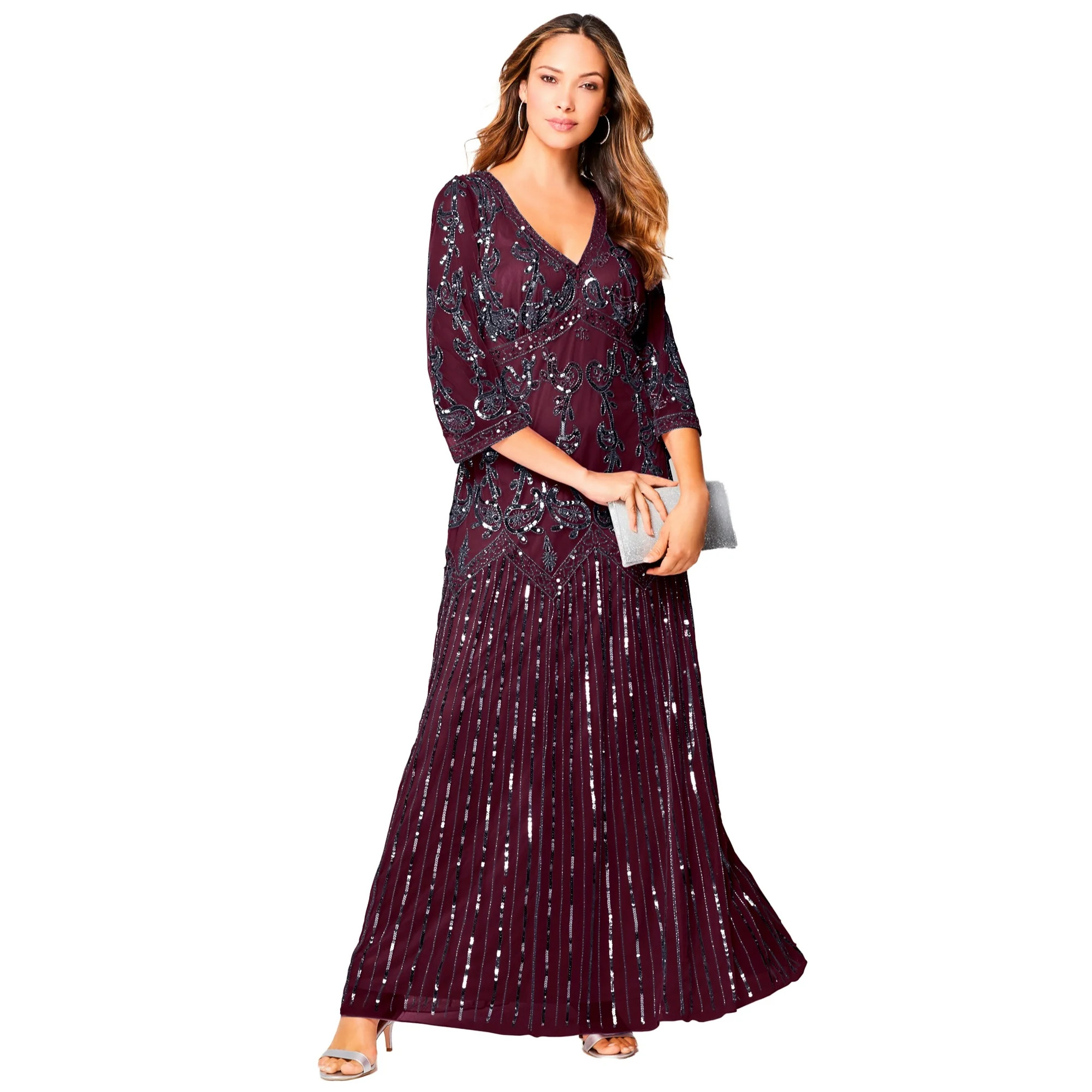 Roaman's Women's Plus Size Beaded V-Neck 3/4 Sleeve Sleeve Maxi Gown | Walmart (US)