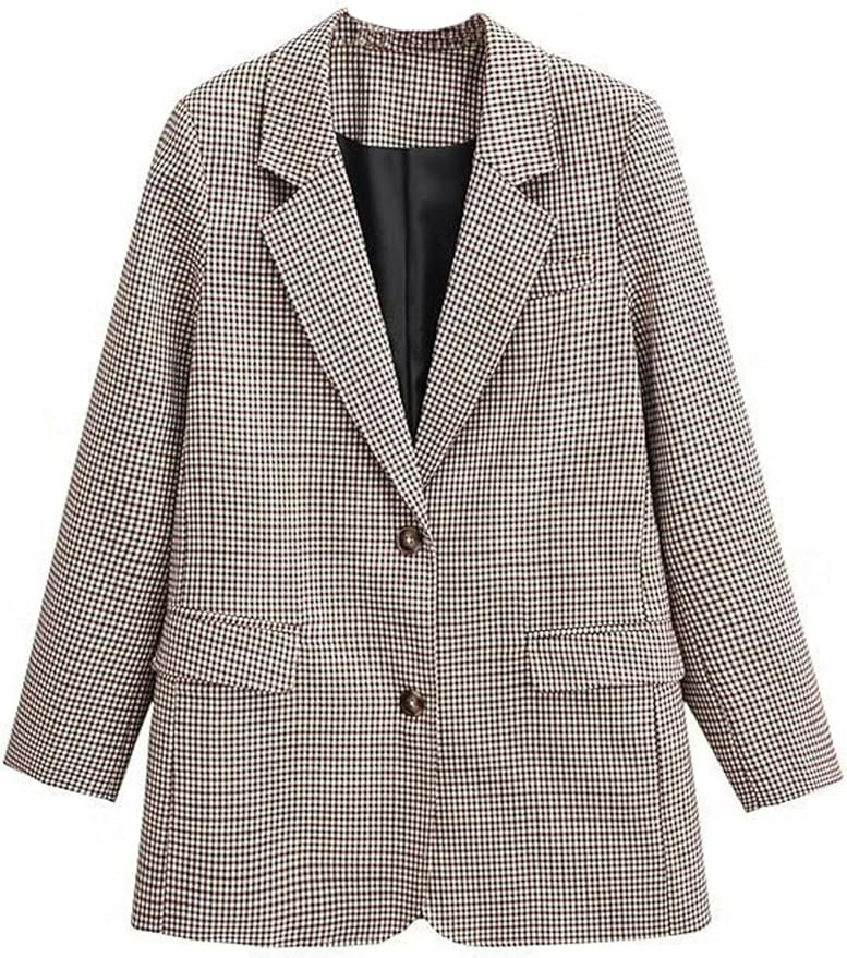 utcoco Women's Plaid Blazer Vintage Notch Long Sleeve Single Breasted Suit Jacket with Pockets | Amazon (US)