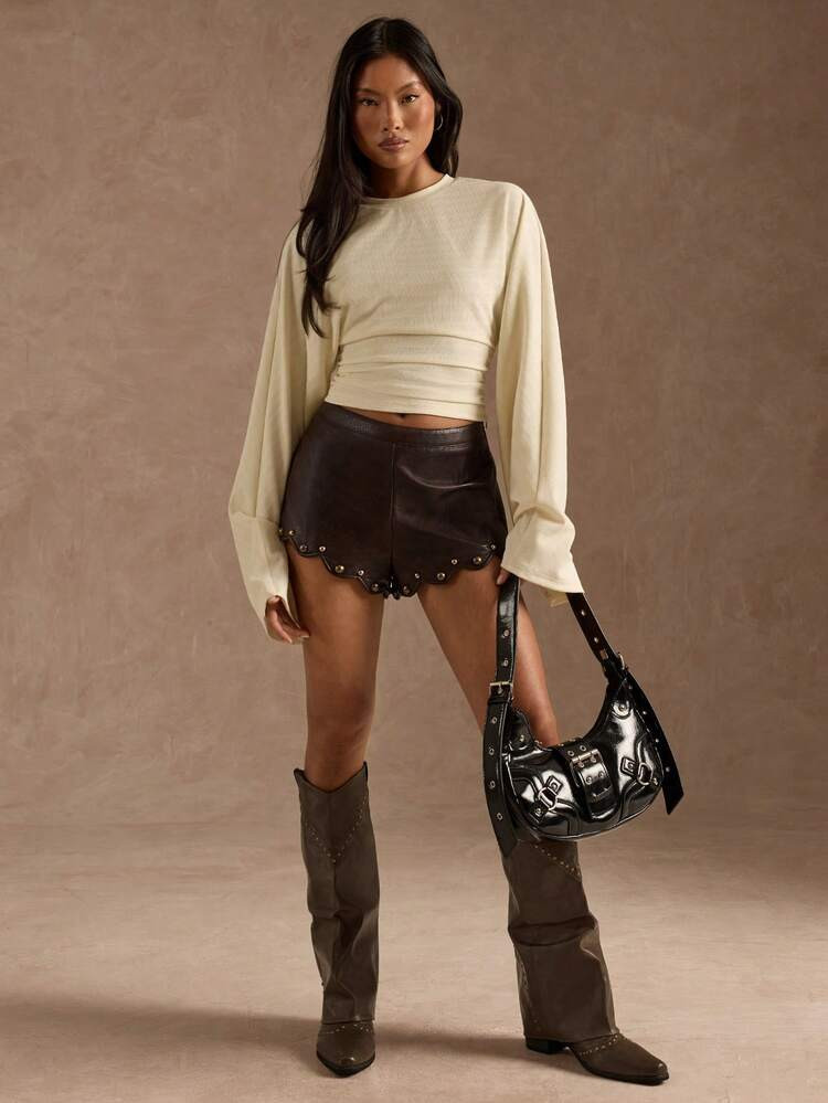 SHEIN BAE Retro-Washed Leather Patch Metal-Accented Shorts,Fashion Streetwear Shorts, Nostalgic Leather Shorts, Sexy Hot Pants, Fashionable Leather Shorts, Casual Street Shorts, Festival Wear, Street Style, Perfect For Casual Outings And Girlfriends' Gatherings, Stylish And Practical Shorts, Punk Shorts | SHEIN