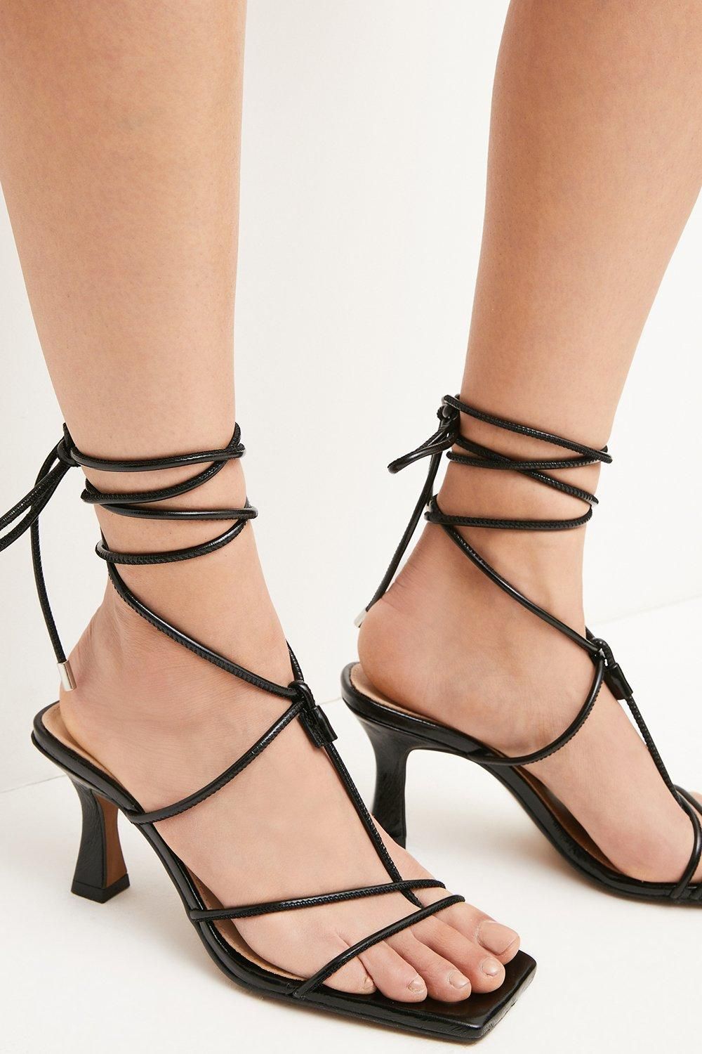 Leather Ankle Tie Heeled Sandal | Karen Millen UK & IE