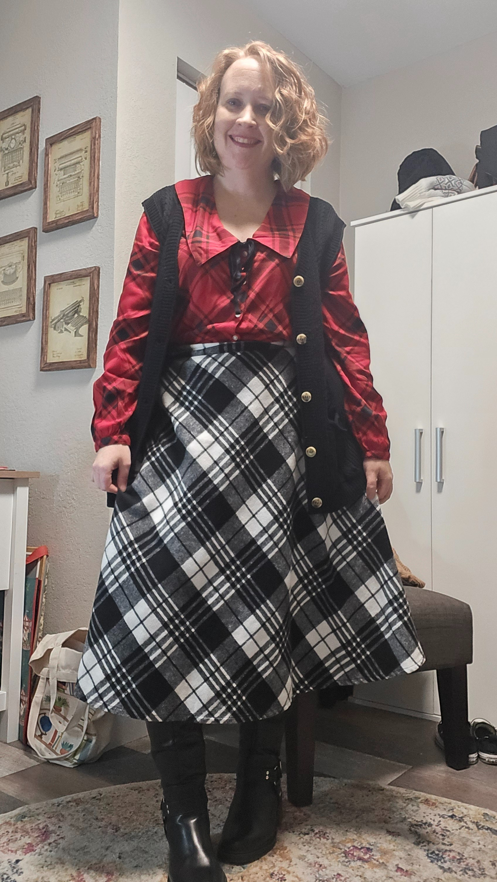 Plaid on plaid with a long sweater vest and tall boots.

#LTKWorkwear #LTKPetite #LTKootd