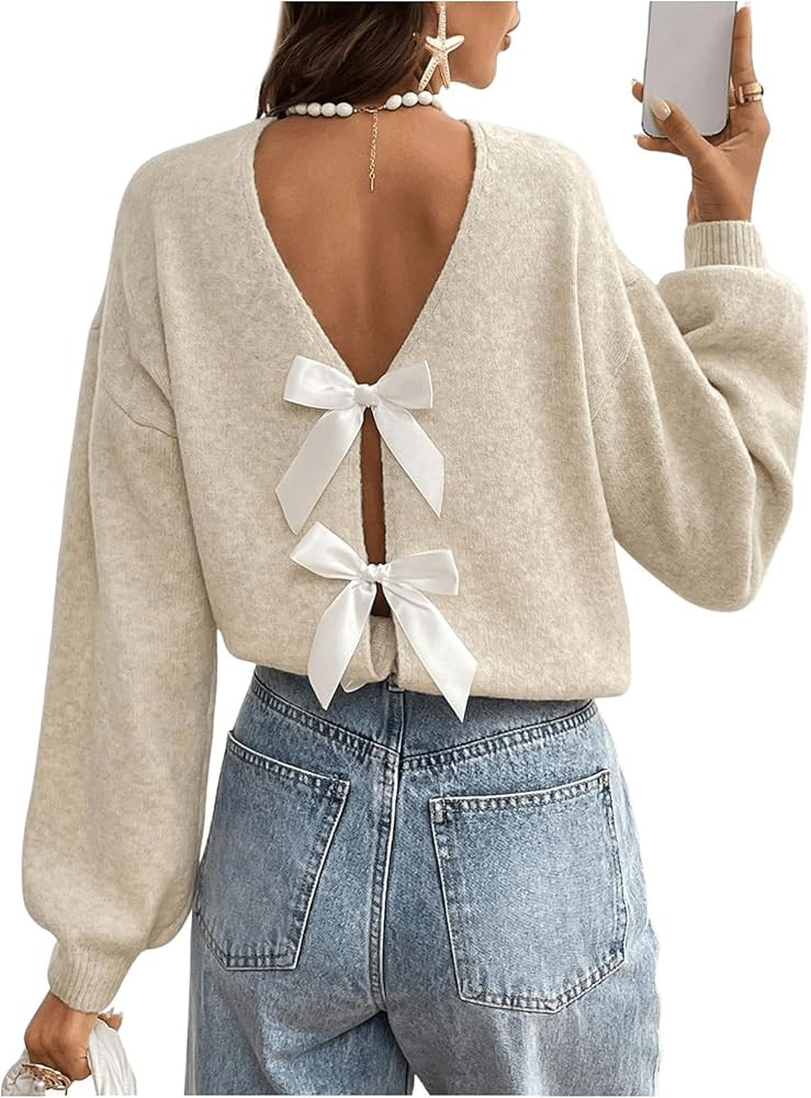 MakeMeChic Women's Bow Sweater Long Sleeve Open Back Tie Back Sweater Cardigan Top | Amazon (US)