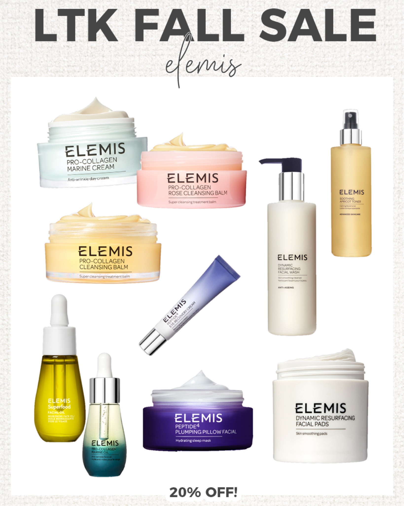 LTK Fall Sale: 20% off Elemis! The best skincare brand! I use so many of their products daily in my skincare routine! 

#elemis #skincareroutine



#LTKSale #LTKfindsunder100 #LTKbeauty